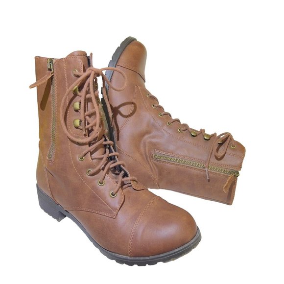 UNR8ED Women's Brown Leather Lace Up Double Zip Boots Cloth Lined -Size‎ 9M - Picture 4 of 11